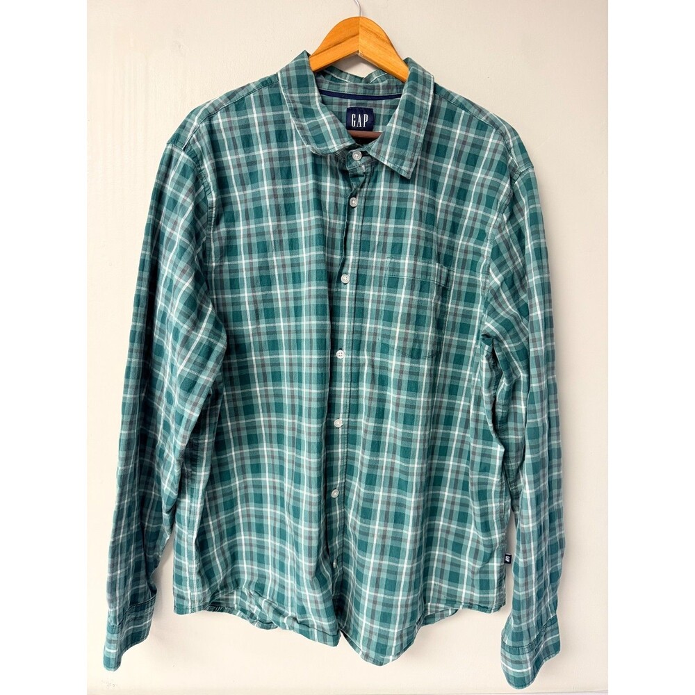 Gap Men's XXL Green Plaid Cotton Stretch Long Sleeve Button-Up Shirt